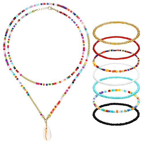 DPKOW Boho Kette Damen, Layered Muschelkette Perlenarmband für Damen und Mädchen Schmuckzubehör, Bunte Handgefertigte Ethnischer Halskette Armbänder Sommer Strand Surfer Halsketten Armbänder, 8 Stück