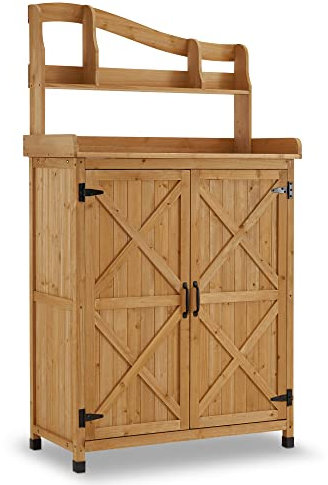 M MCombo Holz Pflanztisch Outdoor wetterfest, Gärtnertisch Blumentisch mit Arbeitsplatte, für Garten Balkon und Terrasse, 0439 (Natürlich)