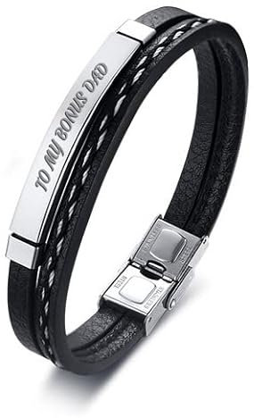 BCughia Armband Personalisiert, Bracenet Armband Herren Leder Erkennungsmarke mit Gravur to My Bonus Dad to My Bonus Dad Armband Geschenk 18x0.5cm