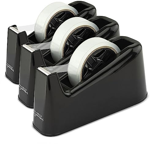 Rapesco 1740 Confección Business: 3 Dispensadores de Cinta Adhesiva 500 para Uso Intensivo y 3 Rollos de Cinta Transparente, Negro