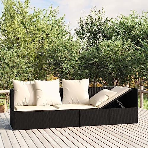 Outdoor-Loungebett mit Kissen Schwarz Poly Rattan, Sitzer Sonnenliege Gartenliege Balkon Sofa Liege Relaxliege Liegesofa Gartenbett Rattansofa Balkonmöbel
