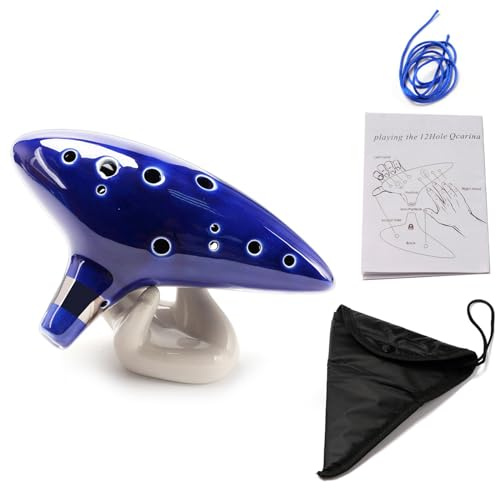 SUEIANNMN Ocarina Instrument 12 Hole Alto C Ocarinas Ceramic with Neck Strap Cord and Song Book, Gift Box, Hand-shape Display Stand, Black Protective Bag