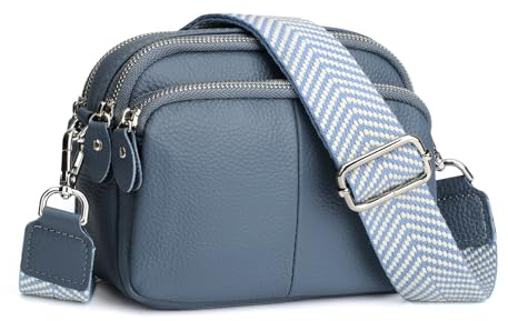 befen Ladies Shoulder Bag Real Leather Handbag Small Camera Crossover Bag for Women Triple Cross Body Phone Bag for Daily Use-Grey Blue