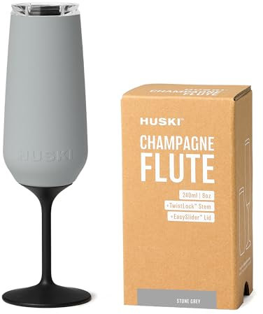 Huski Champagne Flute | New | Award-Winning Design with Detachable Stem | Premium Stainless Steel Champagne Glass with Lid | Triple Insulated Tumbler | 240ml Capacity | Great Gift (Stone Grey)