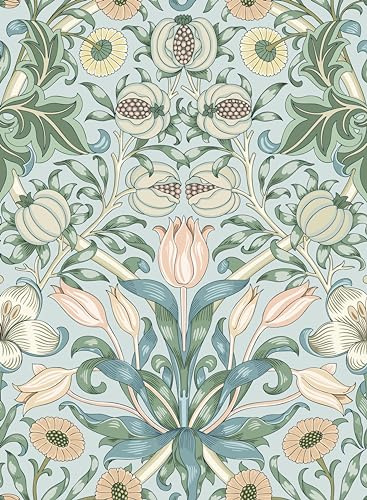 HueBurst 17.3x394 Peel and Stick Vintage Floral Contact Paper Blue Background Pink Pomegranate Flower William Morris Wallpaper Self Adhesive Wall Paper Removable