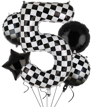 XXL Checkered Zahl 5 Folienballons Schwarz Weiß Rennauto Ballon 5 Stück Mylar Helium Zahlen 5 Rennwagen Autos Luftballon Party Deko Geburtstags Race Car Theme 100cm