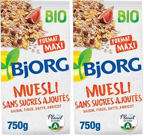 BJORG - Muesli Bio Sans Sucres Ajoutés - Raisin, Figue, Abricot - Aux Céréales Complètes - Sachet 750 g (Lot de 2)