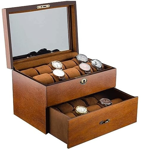 HJDQMDHA Uhrenkoffer Doppelschichtige Uhrenvitrine, 20 Slots, Massivholz-Uhrenaufbewahrungskoffer, Sammlung, Schmuckschatulle, Retro-Uhrenvitrine Uhrenaufbewahrung