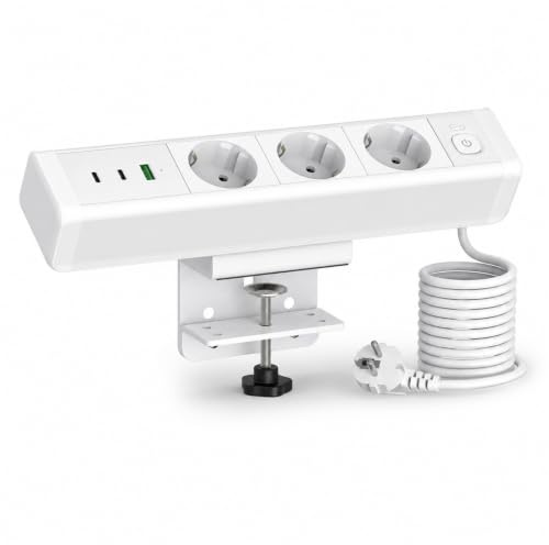 Tischsteckdose mit USB C 65W, Haiaoyyds Klemm Steckdosenleiste Schreibtisch mit 3 Steckdosen, 2 USB C & 1 USB A, 10A Überlastschutz, 1,8M Kabel, Aluminium Mehrfachsteckdose für Büro Zuhause
