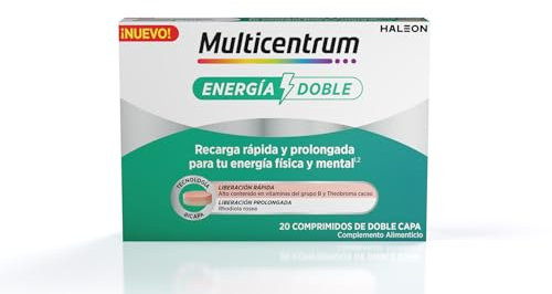 Multicentrum Energía Doble, Complemento Alimenticio con Biotina, Vitamina B, Rhodiola Rosea y Theobroma Cacao Para una Recarga Rápida y Prolongada de tu Energía, 20 Comprimidos de Doble Capa