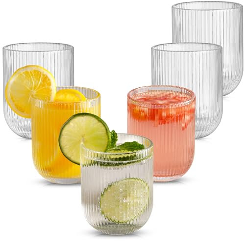 TKNO Lot de 6 verres à eau nervurés de 260 ml pour gin, jus, cocktail, origami, idéal pour la maison, les restaurants, les événements et les fêtes