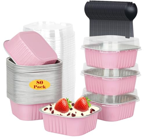 LNYZQUS 10oz/80pack Mini Cake Foil Pans with Lids, 4”x4” Large Cupcake Pan Disposable Ramekins,Small Brownie Baking Cups Square Muffin Tin Cheesecake Containers Holders-Pink