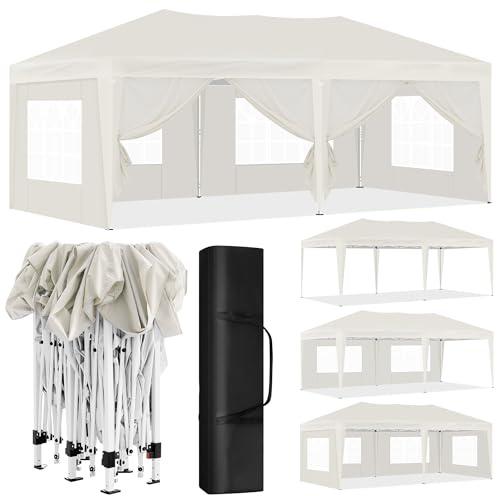 Laneetal Tonnelle de Jardin Pliante 3x6m, Tente de Réception Pop-up, Pavillon en Métal, avec 6 Parois Latérales et 4 Fenêtres, pour Camping Fête Plage, Beige