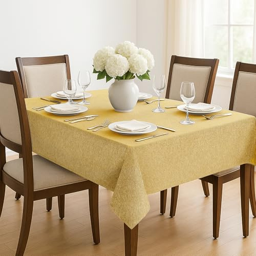Deconovo Tovaglia Rettangolare Elegante, Idrorepellente, in Tessuto Finto Lino, Facile da Pulire – Ideale per Sala da Pranzo, Giardino Esterno e Ristoranti, 130x130 CM, Giallo Senape