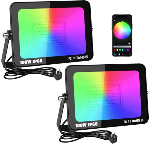 SKYWORLD 2 piezas Foco RGB Exterior 100W,Proyector RGB con APP Bluetooth y Temporizador,16 Millones de Colores,IP66 Impermeable Foco Led RGB para Jardín Garaje Patio Terraza Hotel Campo