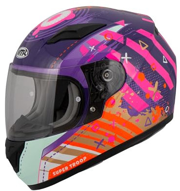 MTR S-12 Kids Evo Motorradhelm Kinder, Kinderhelm Motorrad ECE 22.06 Zertifiziert - Maximale Verkehrssicherheit, Robuster & Leiser Kinder Motorradhelm, Ratschenverschluss, Klares Visier, Lila/Pink, YM