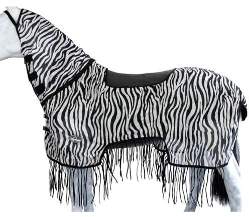 Marengos - Zebra Fliegenausreitdecke mit Fransen – Schwarz/Weiß 155 cm | Pferdedecke mit Sattelausschnitt & Halsteil – Schutz vor Insekten – feinmaschige Fliegendecke – Outdoorpferdedecke