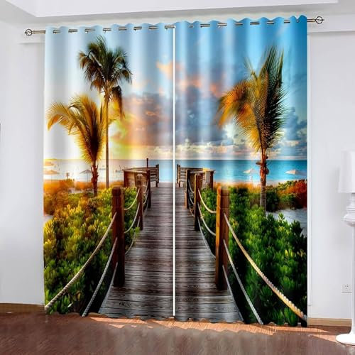 Mesnt Blickdichte Gardinen mit Schlaufen, 96x160cm Mehrfarbig Himmel am Meer und Holzkorridore Thermovorhang Kälteschutz Blickdicht, Schallschutz Vorhang Schlafzimmer