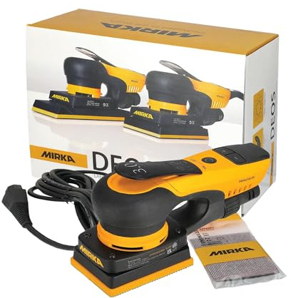 Mirka DEOS - Levigatrice elettrica portatile, compatta 7,6 x 10,2 cm, con orbita da 3 mm, motore senza spazzole, design leggero ed ergonomico, ideale per legno, mobili, finestre e porte, levigatura