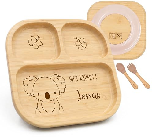 Kidsmood - Kinderteller mit Saugnapf inkl. Baby Besteck mit Namen – Teller für Kleinkinder, rutschfest – Beikost Baby Zubehör, personalisierte Geschenke zur Geburt, Taufgeschenke Jungen & Mädchen