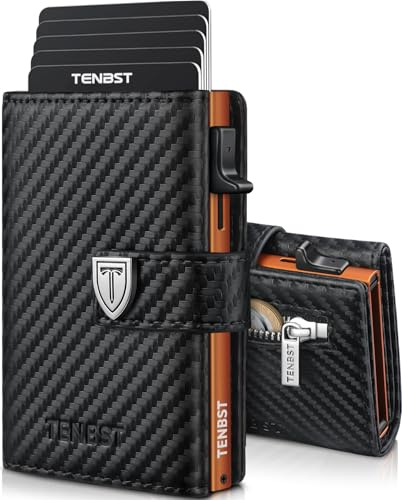 TENBST Ultradünne Geldbörse Herren, Portmonee Herren mit Münzfach & RFID Schutz, Premium Slim Wallet, Luxus Geldbeutel Kartenetui für 10 Kreditkarten - Schwarz & Orange