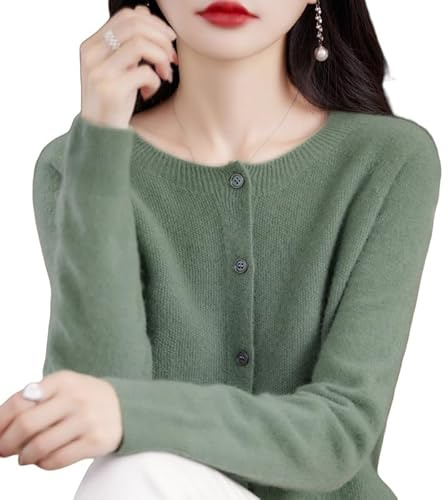 Générique Cardigan Femme Hiver,Cardigan en Cachemire, Pull Tricoté en Laine, Vert Sauge, Léger, Col Ras du Cou, Pull en Laine, Coupe Slim, Élégant, Manteau À Manches Longues pour L