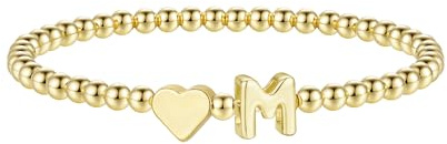 TINGN Bracelets en or pour femmes et filles, plaqué or 14 carats, bracelet en forme de cœur avec initiale A-Z, bracelets élastiques de perles personnalisées avec monogramme, cadeaux d'anniversaire