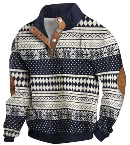 Generisch Jersey noruego para hombre con cuello alto - Jersey de punto clásico con tira de botones | Troyer invernal con parches en los codos