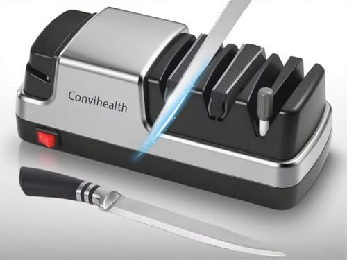 Electric Knife Sharpener UK - 4-in-1 Design, Powerful Motor & Built-in Diamond for Professional Knife Sharpening Straight Edge/Scissors & Ceramic Knife, Low Noise by Convihealth
