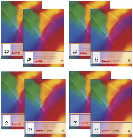 BRUNNEN Schulheft-Set DIN A4 | 8er Pack | Lineatur 20, 22, 27 & 28 | Jeweils 16 Blatt | Blanko, Kariert & Liniert mit Doppelrand
