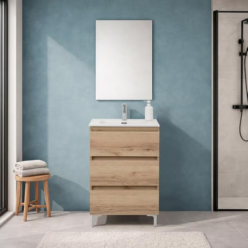 Inbagno Mobile Bagno A Terra 60 Cm Quercia Naturale Con 3 Cassetti Soft-Close, Lavabo In Ceramica E Specchio 50x70 Cm – Mobile Bagno Completo Linea Leda