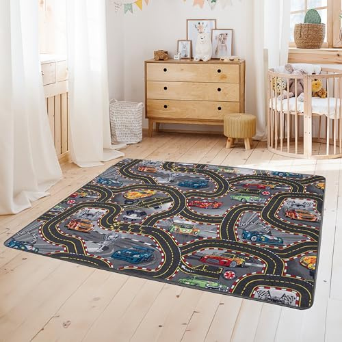 Primaflor Kinderteppich Cars 95x200 cm | Interaktiver Teppich mit Straßendesign, Made in Europe | Ideal für Jungen & Mädchen im Kinderzimmer