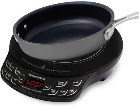 NUWAVE Flex Precision Induction Cooktop, 10.25” Shatter-Proof Ceramic Glass, 6.5” Heating Coil, 45 Temps from 100°F to 500°F, 3 Wattage Settings 600, 900 & 1300 Watts, 9” Duralon Ceramic Pan Included