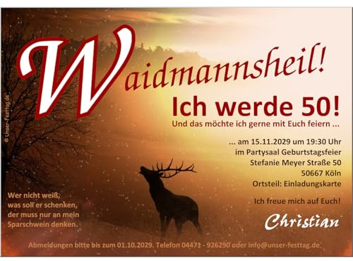 Moderne Einladungen zum Geburtstag 18 20 25 30 40 cool lustig Wunschtext | ändern für Jäger Waidmann Jägerinnen, 30 Karten