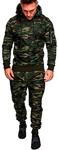 GUOCU Tuta Uomo Felpa Pantaloni Felpati Militare Mimetica Cappuccio Zip Sportiva Verde M