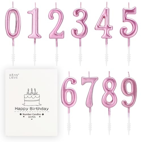 BEAN LIEVE Lot de 10 bougies d'anniversaire à chiffres - Bougies à chiffres de 0 à 9 à paillettes pour décoration de gâteau, anniversaire de mariage et fête (Or rose)