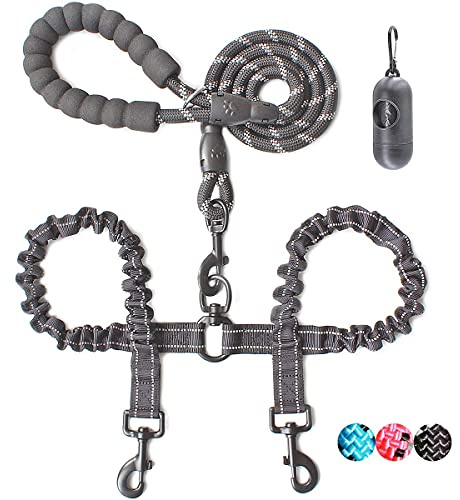 BAAPET Double Dog Leash, 4 FT Rope Dog Leash with Tangle Free Shock Absorbing Bungee and Poop Bags for Dual Small Medium Large Dogs (Medium/Large, Black)