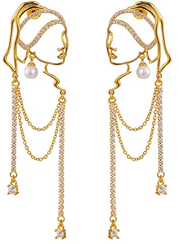 TEBIHOYO Unique Abstract Face Art | Dangle Statement Long Earrings for Women | Rhinestone Tassel Handmade Chandelier Earrings (gold)