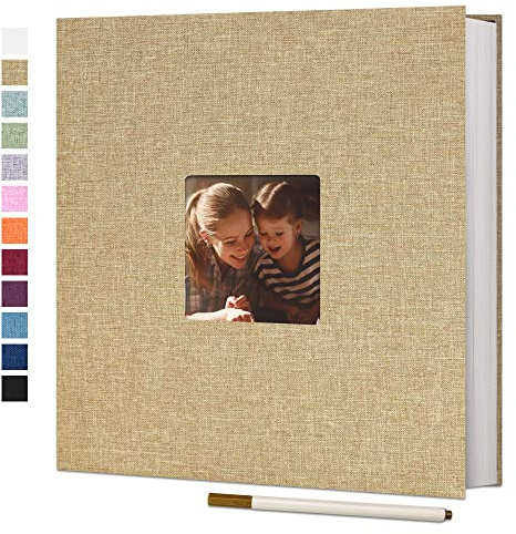 Vienrose självhäftande fotoalbum, album för att klistra och skriva i, linneomslag, scrapbook, present till baby, födelsedag, souvenirer, bröllop, årsdag, familjeminne, med en penna, 28 x 27 cm, 60