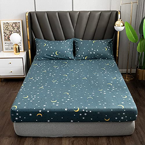 Damier Spannbettlaken 120x200cm Blauer Stern Mond Muster Spannbetttuch Superweiches Microfaser Jungen und Mädchen Kinderbettlaken Geeignet für Matratzen bis 30 cm