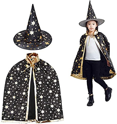 LJSW Halloween-Kostüme, Hexenumhang mit Hut, Zaubererumhang und Kinderhut, für Jungen und Mädchen, Cosplay-Party. (schwarz)