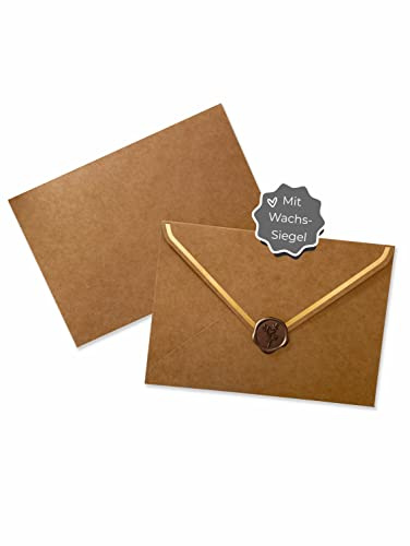 JoliCoon 10 Natur Briefumschläge A6 Natur mit Goldfolierung und Wachssiegel | Kraftpapier, C6 ohne Fenster, 11,4 × 16,2 cm, für Grußkarten und Einladungen