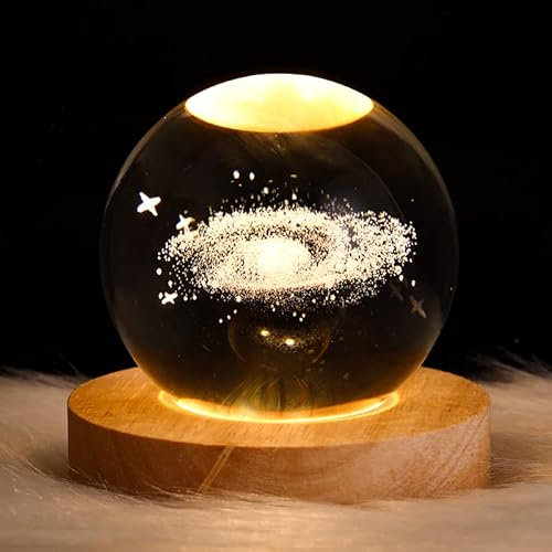 Sfera di cristallo 3D effetto nebulosa, luce notturna per bambini a forma di sfera in vetro, lampada da notte con base in legno, tema fantasy e galassia con pianeti, decorazione in cristallo