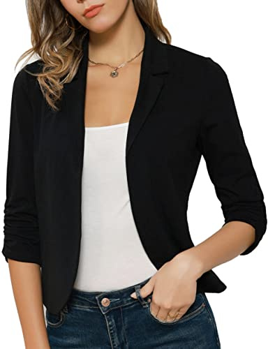 Blazer de Mujer Chaqueta de Traje Corto Casual Comede Escote de Solapa clásico Manga 3/4 Arroz Negro L