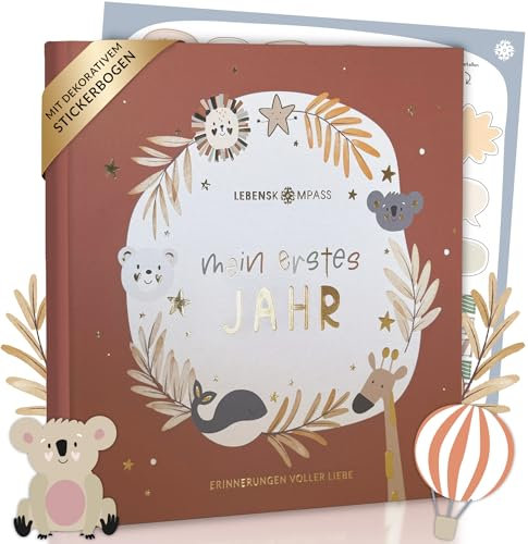 Lebenskompass Babyalbum Mein erstes Jahr Clay mit über 75 Stickern & Spruchkarte EXTRA - Ein Baby Buch zum Eintragen - Das Babytagebuch & Erinnerungsbuch für Mädchen & Jungen