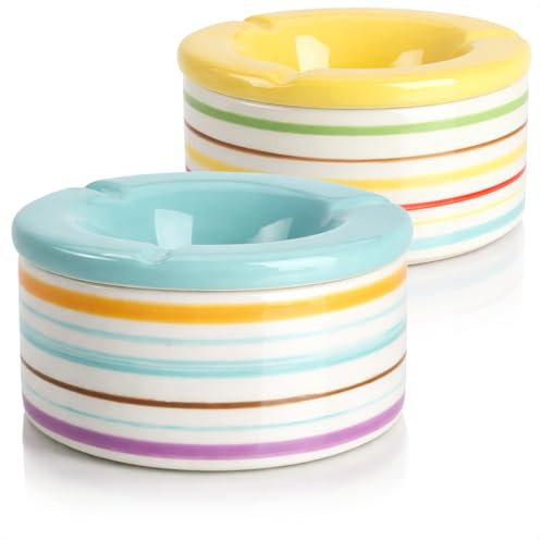com-four® 2x Cenicero de Cerámica Dolomita Anti-Viento - Cenicero con Tapa - Ceniceros de Cerámica Dolomítica con Rayas de Colores en Amarillo y Azul (02 piezas 14cm amarillo azul)