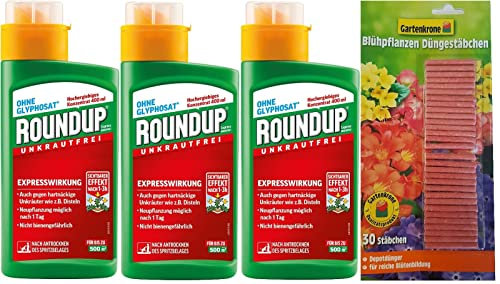 3 X 400 ml Roundup Express Konzentrat + 30er Gartenkrone Düngestäbchen (Unkrautvernichter)