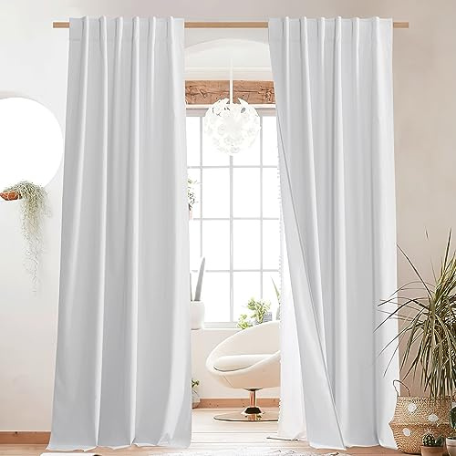 NICETOWN Back Tab 100% Blackout Linen Curtains with Thermal Insulated White Liner, White, 52 Wide, 84 Length Energy Saving Curtains for Living Room 2 Panels Set, Vertical Blinds