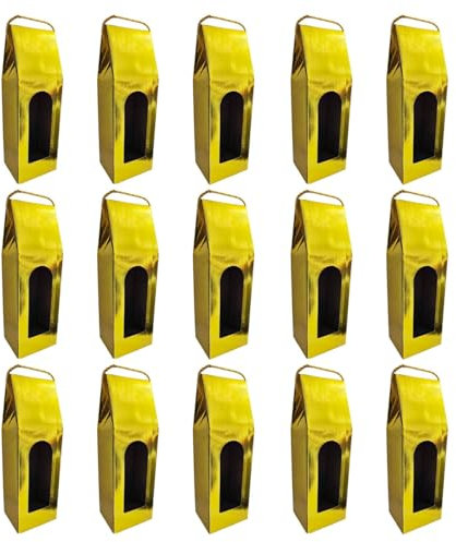 Tradineur Lot de 15 boîtes pliantes en carton avec fenêtre pour bouteille de vin, avec poignée de corde, rangement, cadeau, emballage champagne, Noël (doré pailleté, 36 x 12,5 x 8,5 cm)