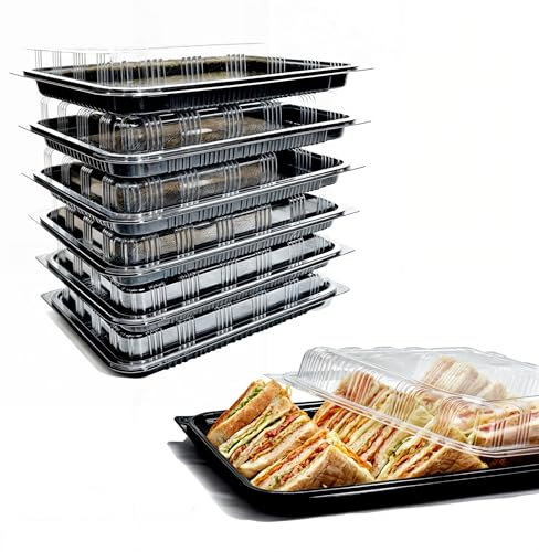 Zumart Pack of 6 Sandwich Platter Trays with lids - Reusable Plastic Catering Trays with Lids for Meal Prep, Cakes, Treats and Sandwiches (33.5cm x 24cm x 6cm)